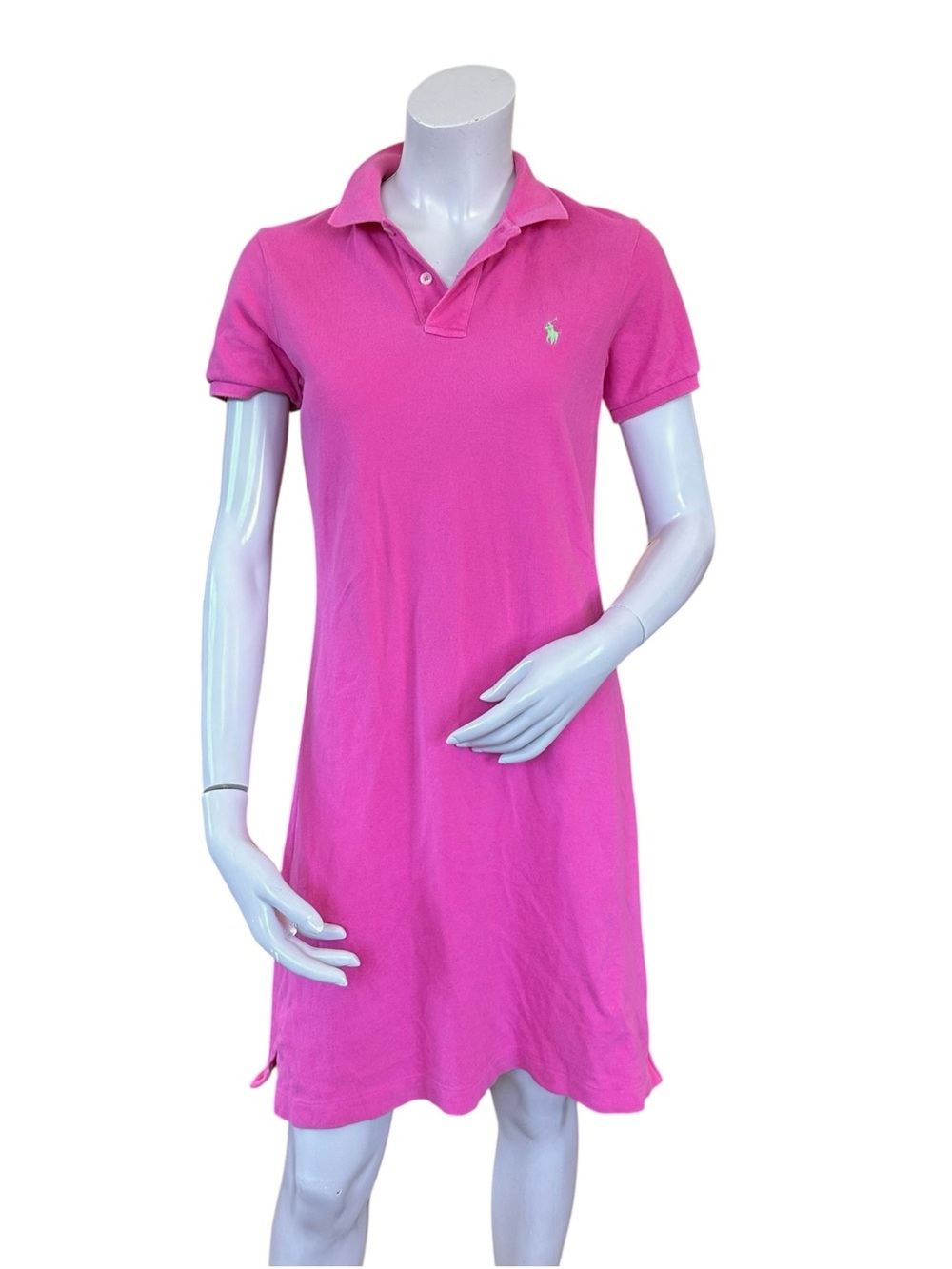 Y2K Ralph Lauren Sport Preppy Pink & Green Logo Collared Short Sleeve Dress Med